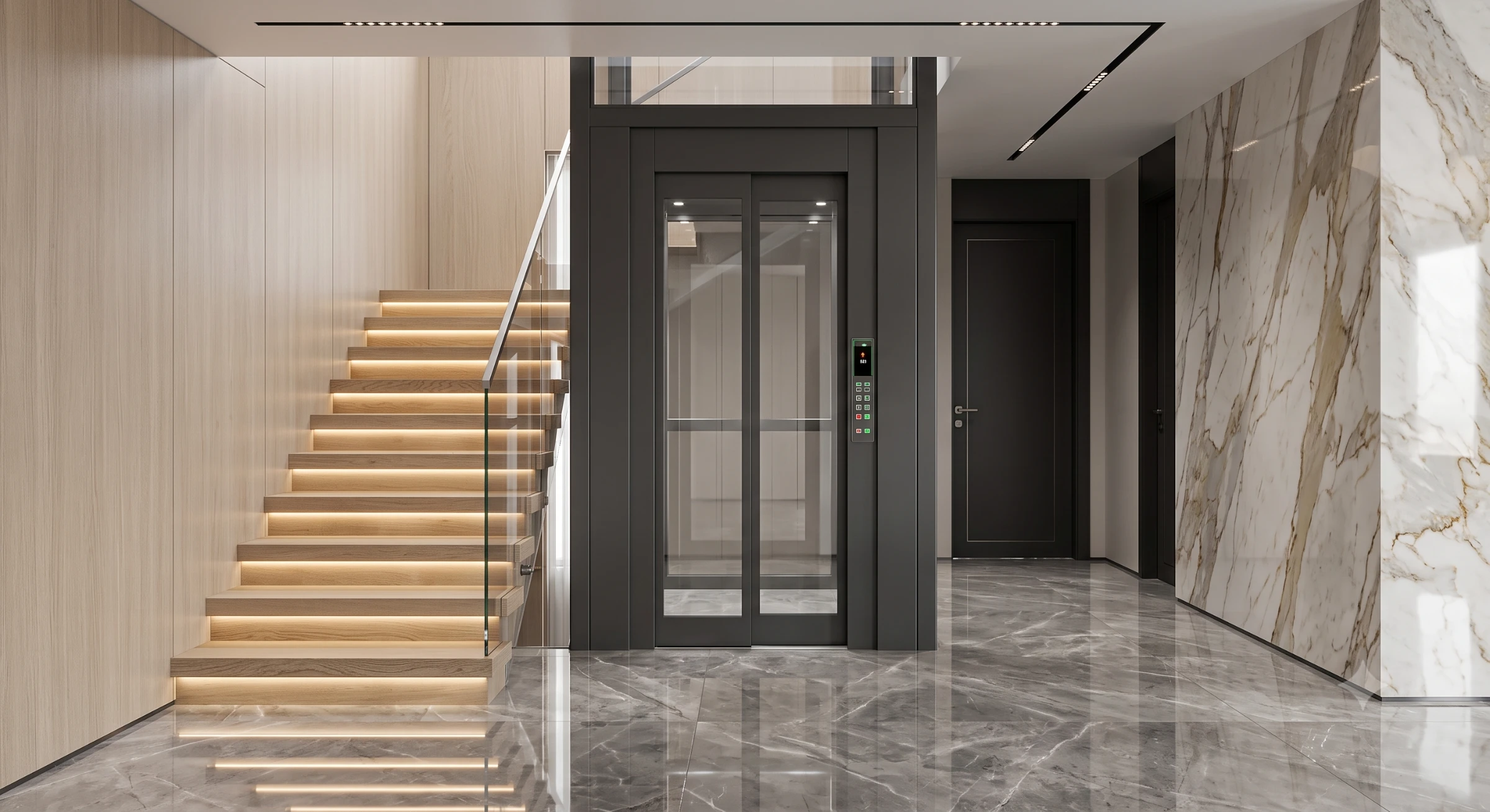 Ascensor moderno junto a una escalera de madera con iluminación LED